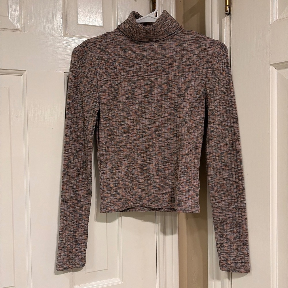 Madewell Women Ribbed Turtleneck Top Space Dye Marled Long Sleeve Grey Mauve S